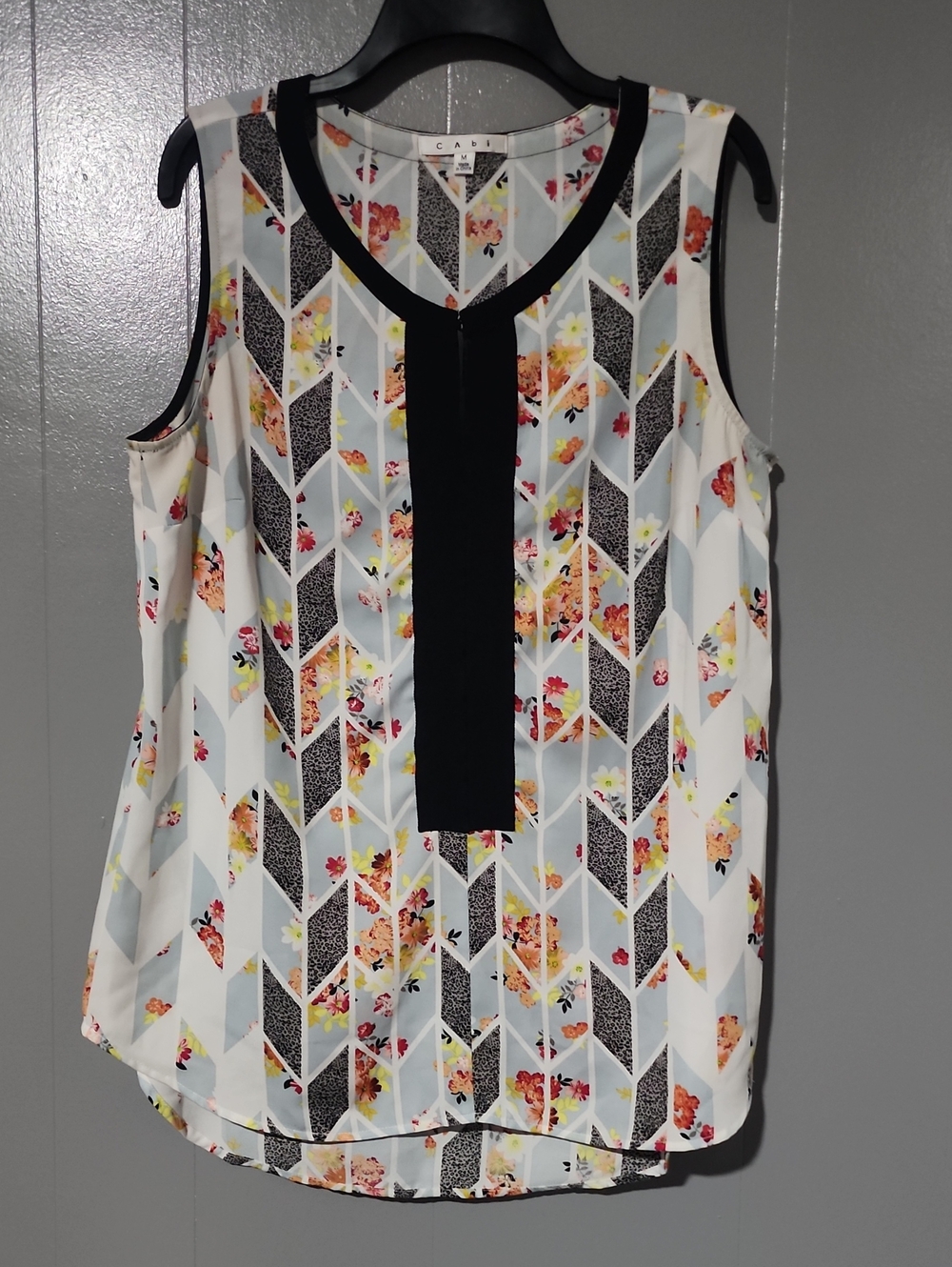 CAbi White Floral Geometric Sleeveless Top with Black Placket